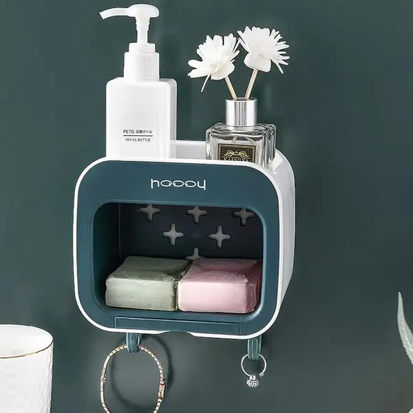 No_Drill_Wall_Soap_Dish_With_Hooks_Waterproof_Bathroom_Organizer_Shelf_With_Drainage_Strong_Adhesive_Sleek_Compact_Design_Grey