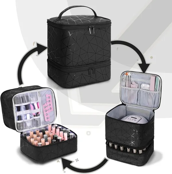 Travel_Nail_Art_Tool_Polish_Organizer_Bag_Large_Capacity_Double_Layer_Makeup_Case_For_30_Bottles_Storage_With_Handle_Customizable_Compartments_Multi_Pouches_For_Travel_Black