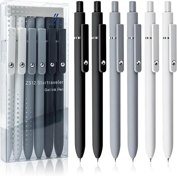 6_Pcs_Retractable_Gel_Pens_Set_Quick_Dry_Black_Ink_0_5mm_Fine_Point_Pens_Smooth_Writing_Rollerball_Gel_Ink_Pens_With_Soft_Touch_Grip_For_School_Office_Home_Use_Black_White_Grey