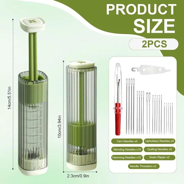 2_Pack_Magnetic_Needle_Case_With_Pop_Up_Design_Sewing_Needle_Holder_With_5_Size_Sewing_Needles_For_Storage_Portable_Organizer_Box_For_Embroidery_Pin_Knitting_Green