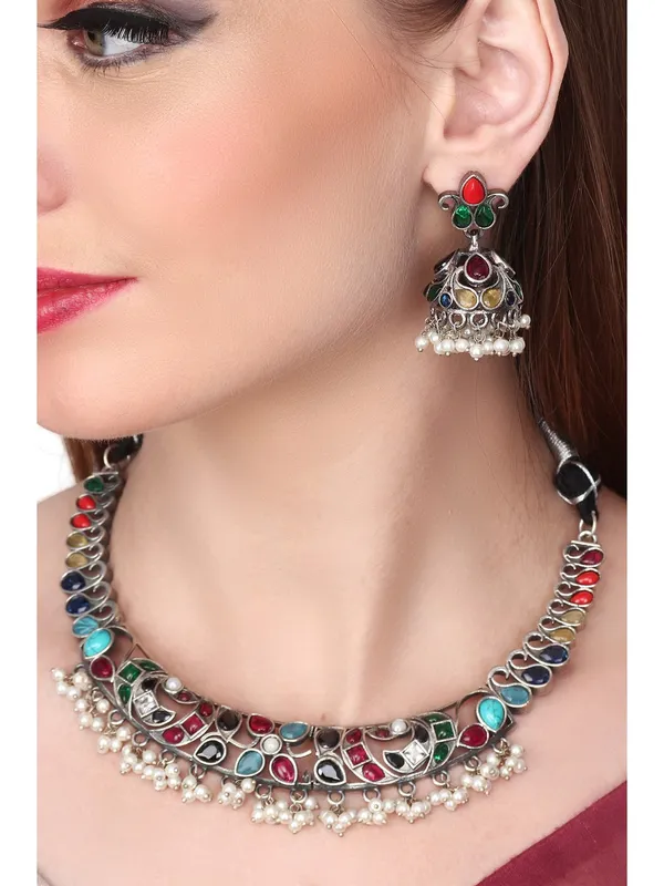 Silver_Oxydised_Choker_Set_With_Stone