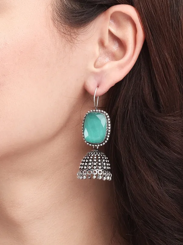 Oxidised_Silver_Green_Cabochon_Jhumka_Drops