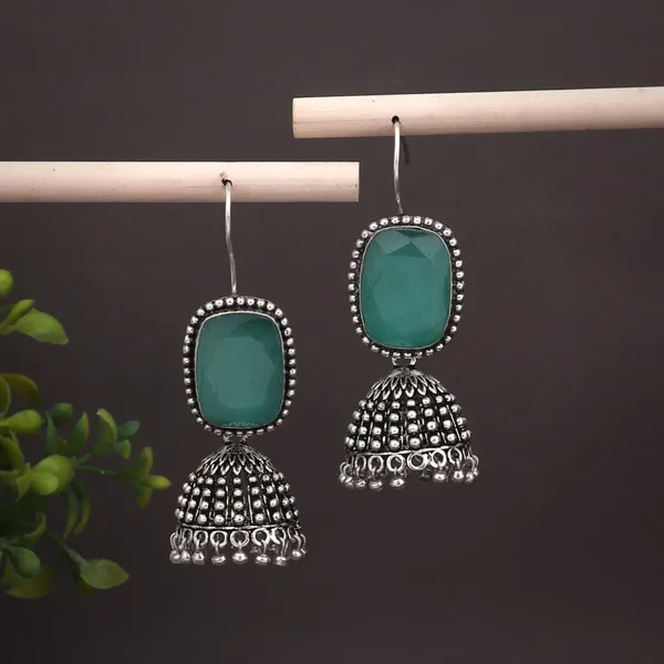 Oxidised_Silver_Green_Cabochon_Jhumka_Drops