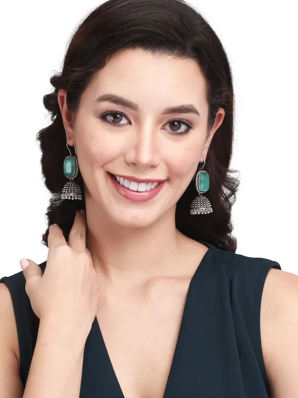 Oxidised_Silver_Green_Cabochon_Jhumka_Drops