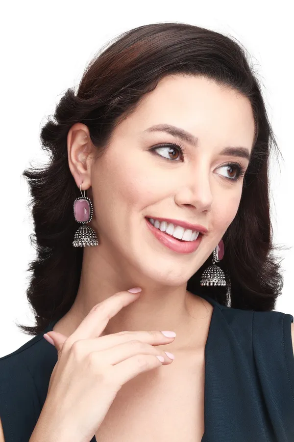 Oxidised_Silver_Pink_Cabochon_Jhumka_Drops