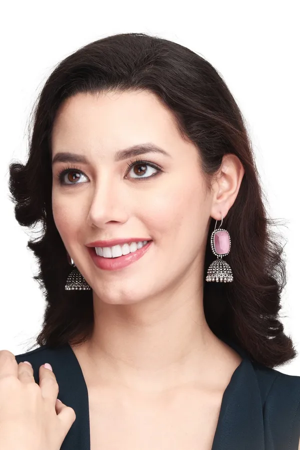 Oxidised_Silver_Pink_Cabochon_Jhumka_Drops
