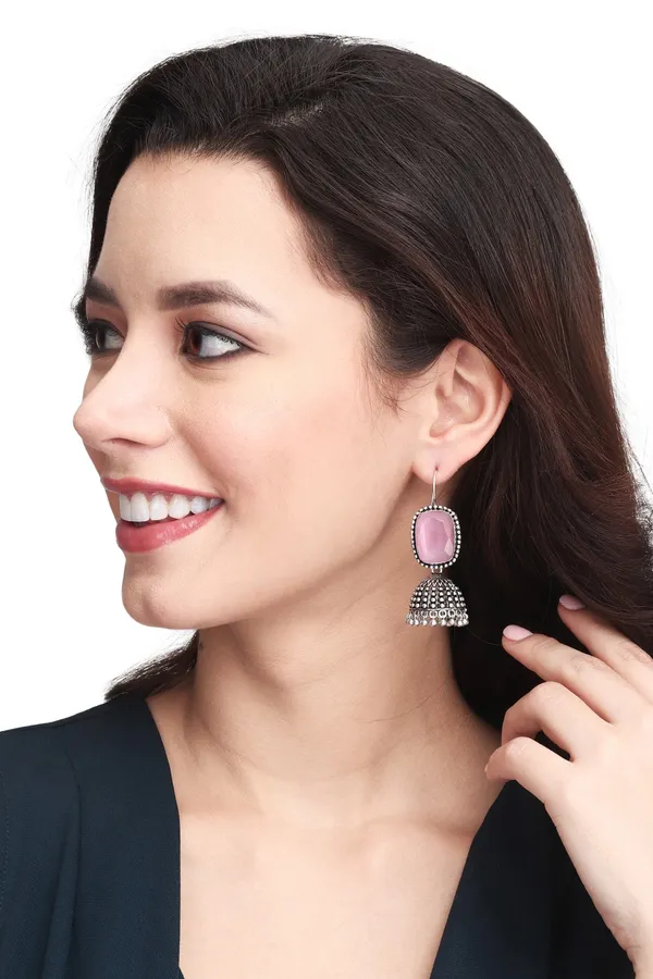 Oxidised_Silver_Pink_Cabochon_Jhumka_Drops