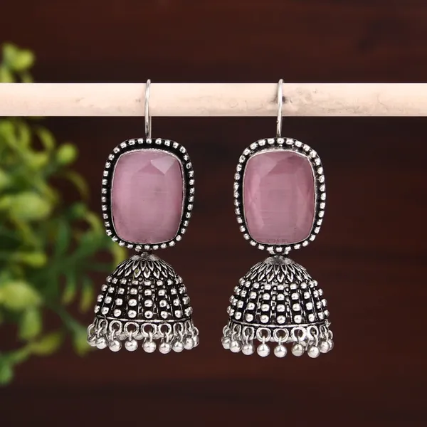 Oxidised_Silver_Pink_Cabochon_Jhumka_Drops