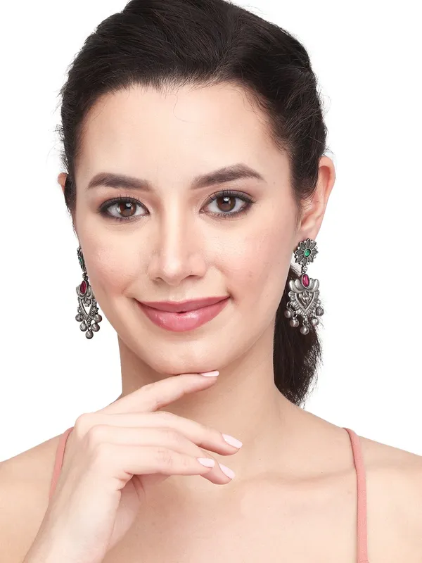 Oxidised_Silver_Dual-Gem_Floral_Jhumka_Earrings