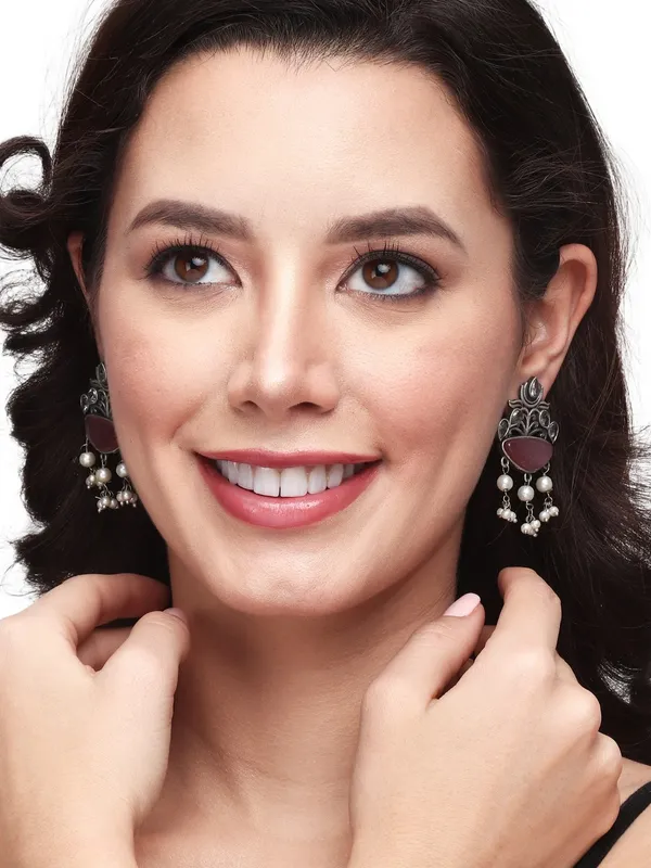 Silver_Oxidised_finish_Pink_drop_earring