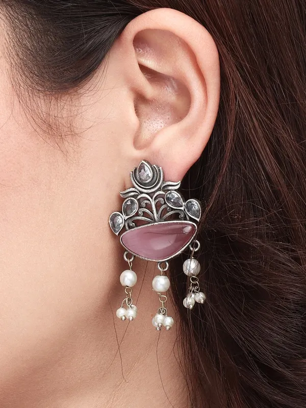Silver_Oxidised_finish_Pink_drop_earring