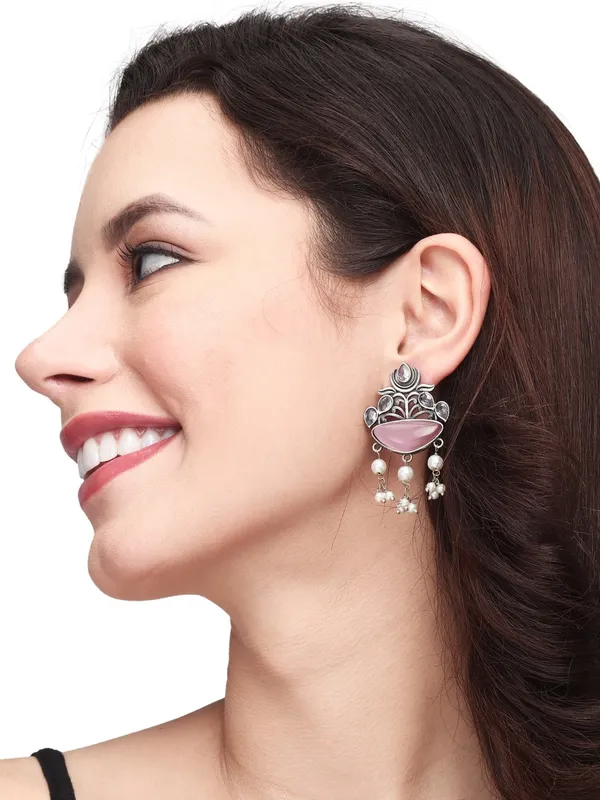 Silver_Oxidised_finish_Pink_drop_earring