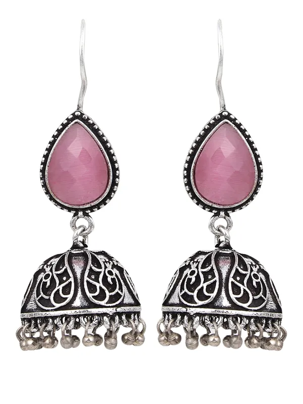 Silver_Oxydised_Jhumka_with_Stone