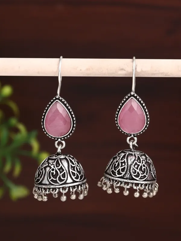 Silver_Oxydised_Jhumka_with_Stone