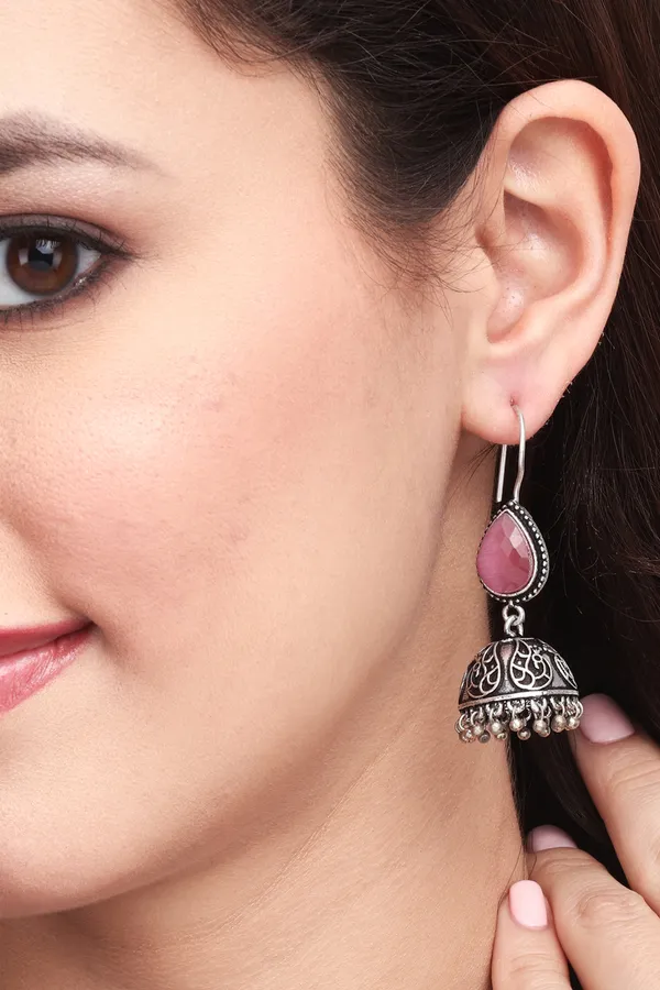 Silver_Oxydised_Jhumka_with_Stone