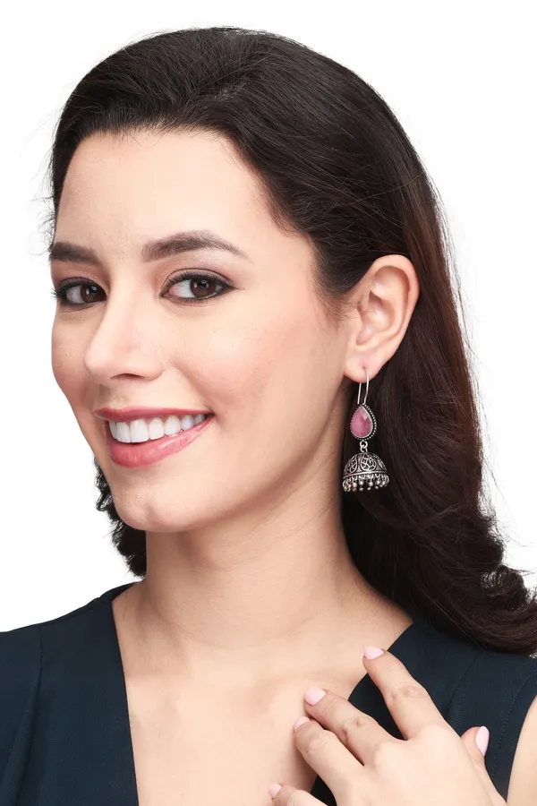 Silver_Oxydised_Jhumka_with_Stone