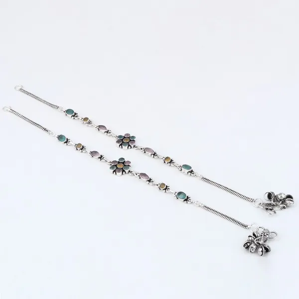 Silver_Oxidised_Multi-Color_Floral_Brass_Anklet