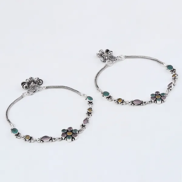 Silver_Oxidised_Multi-Color_Floral_Brass_Anklet