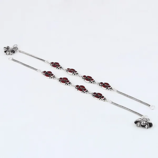 Silver_Oxidised_Red_Floral_Brass_Anklet