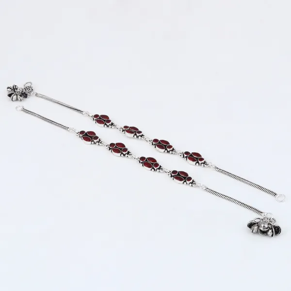 Silver_Oxidised_Red_Floral_Brass_Anklet