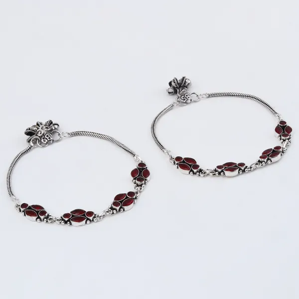 Silver_Oxidised_Red_Floral_Brass_Anklet