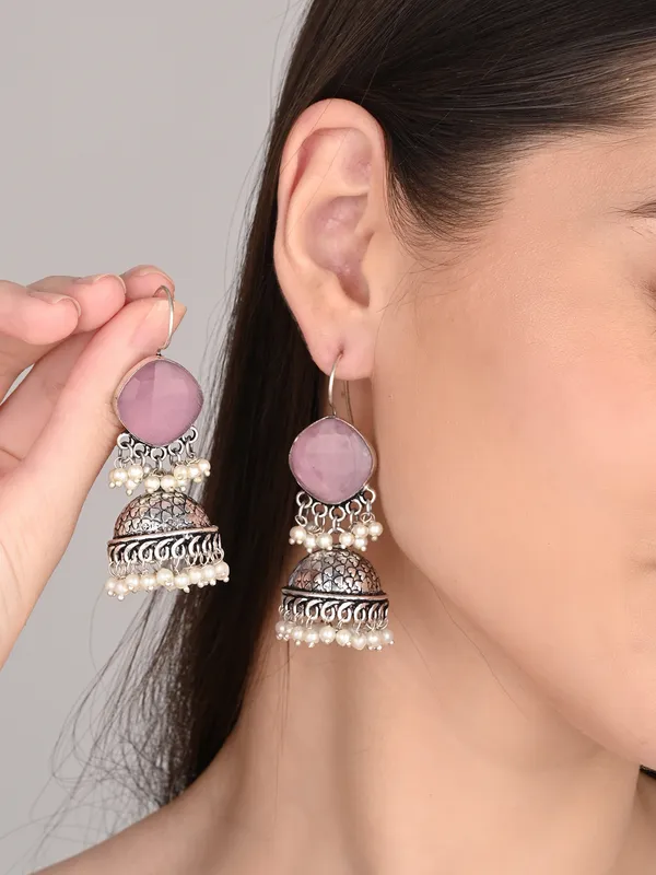 Oxidised_Silver_Brass_Stone_Jhumka_Earrings