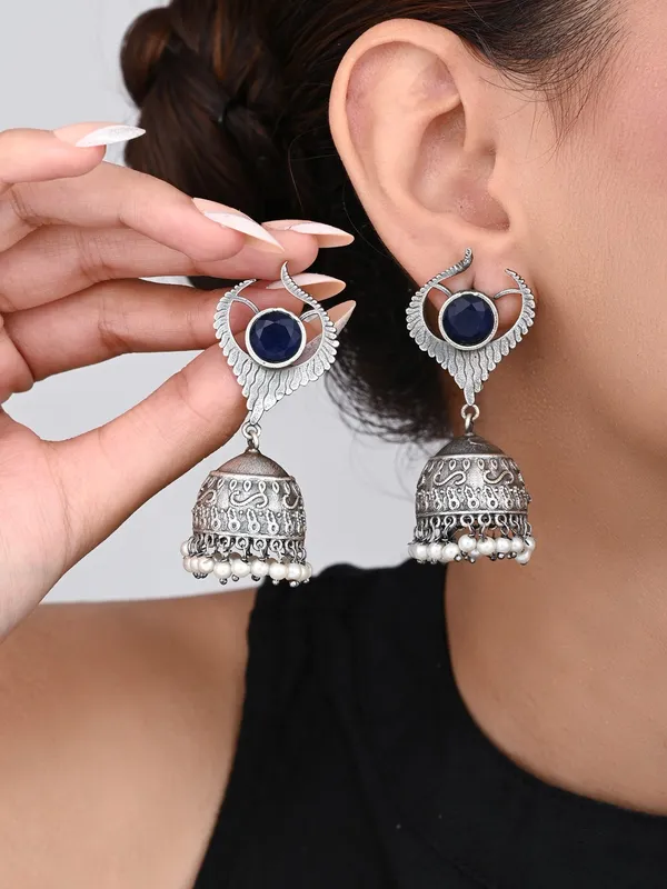 Blue_Stone_Oxidized_Jhumka_Earrings