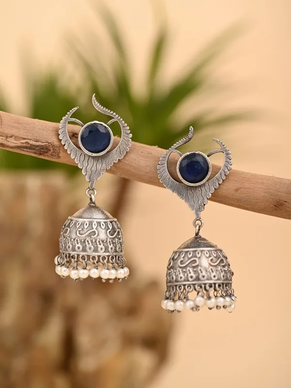 Blue_Stone_Oxidized_Jhumka_Earrings