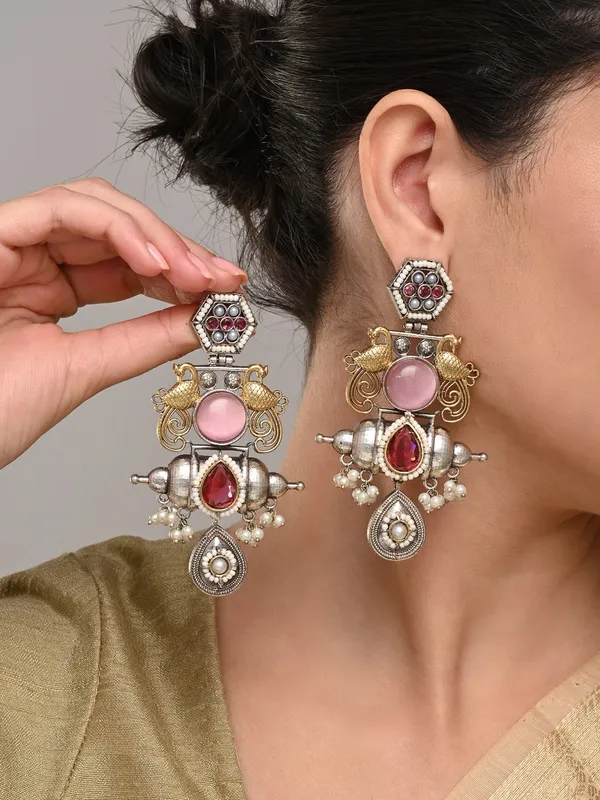 Dual_Tone_Brass_Pink_Stone_Statement_Earrings