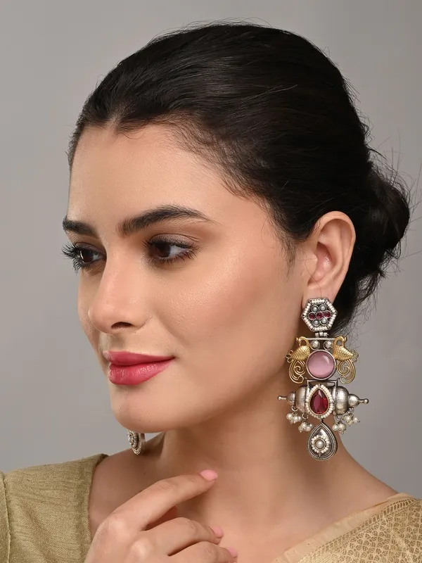 Dual_Tone_Brass_Pink_Stone_Statement_Earrings