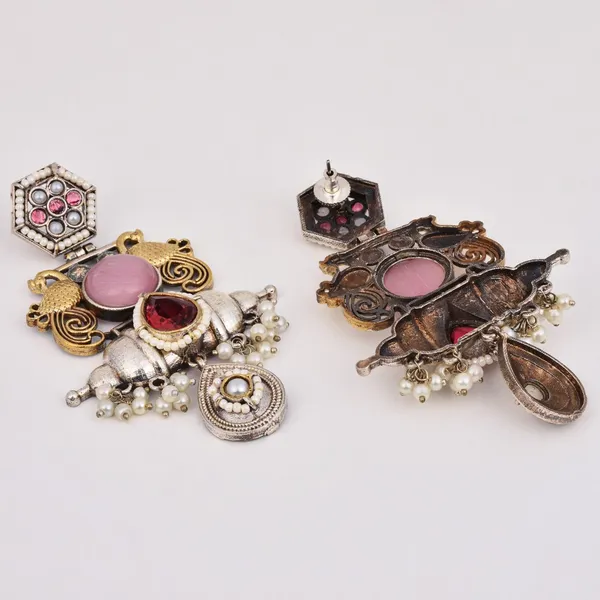 Dual_Tone_Brass_Pink_Stone_Statement_Earrings