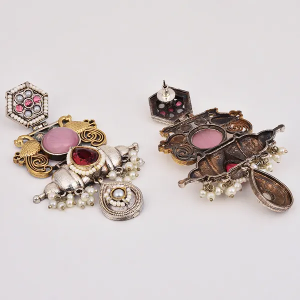 Dual_Tone_Brass_Pink_Stone_Statement_Earrings