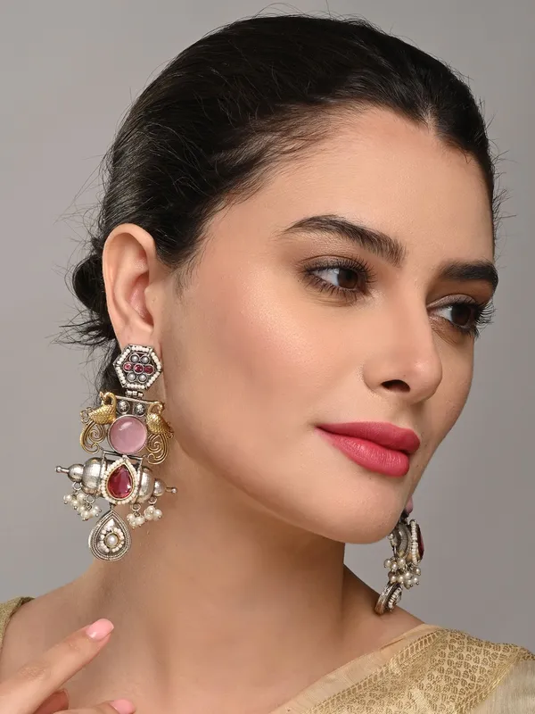 Dual_Tone_Brass_Pink_Stone_Statement_Earrings