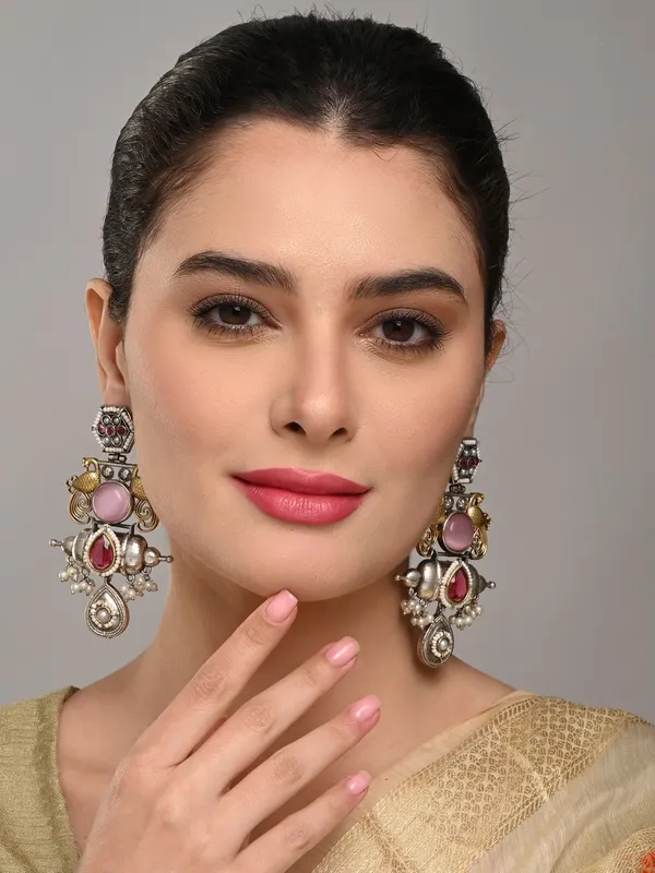 Dual_Tone_Brass_Pink_Stone_Statement_Earrings