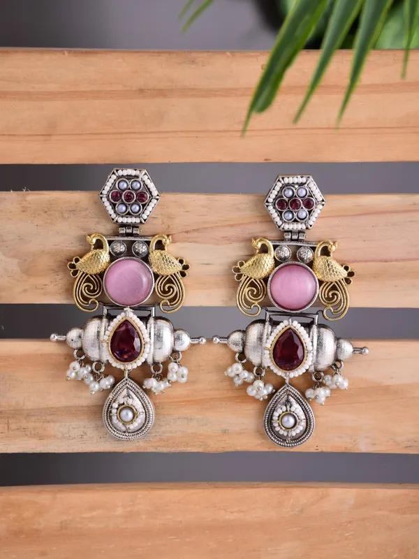 Dual_Tone_Brass_Pink_Stone_Statement_Earrings