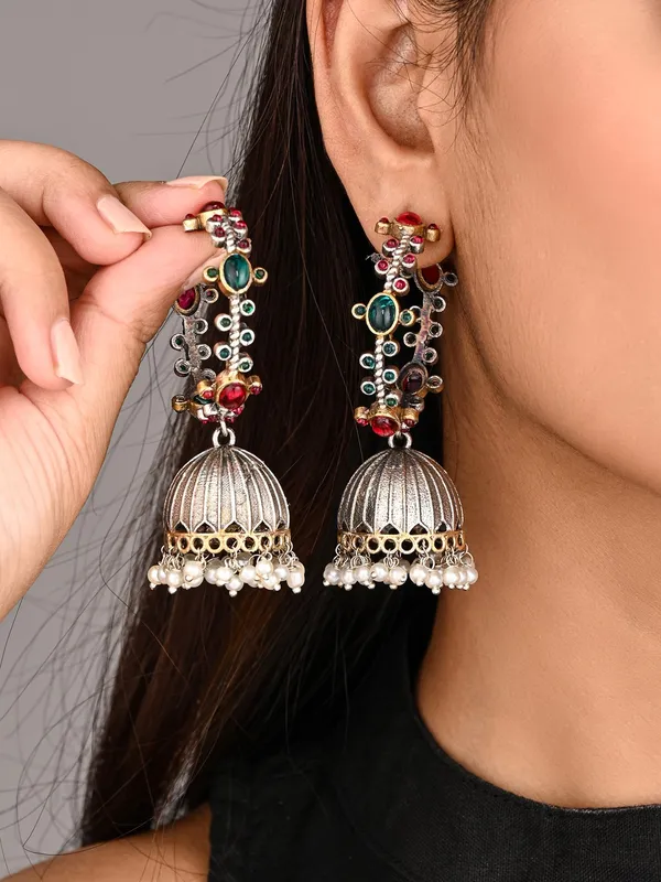 Silver-Tone_Brass_Stone-Studded_Jhumka_Earrings