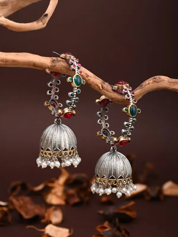 Silver-Tone_Brass_Stone-Studded_Jhumka_Earrings