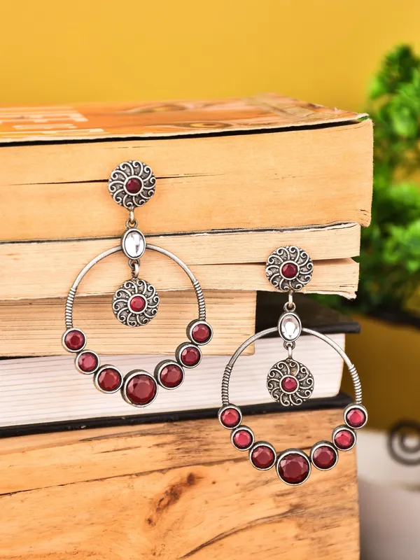 Oxidised_Silver_Red_Stone_Hoop_Earrings