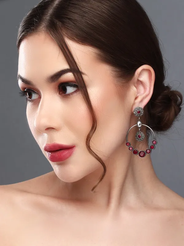 Oxidised_Silver_Red_Stone_Hoop_Earrings