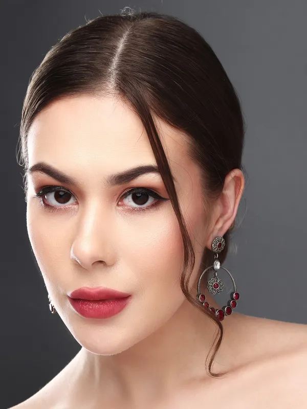 Oxidised_Silver_Red_Stone_Hoop_Earrings