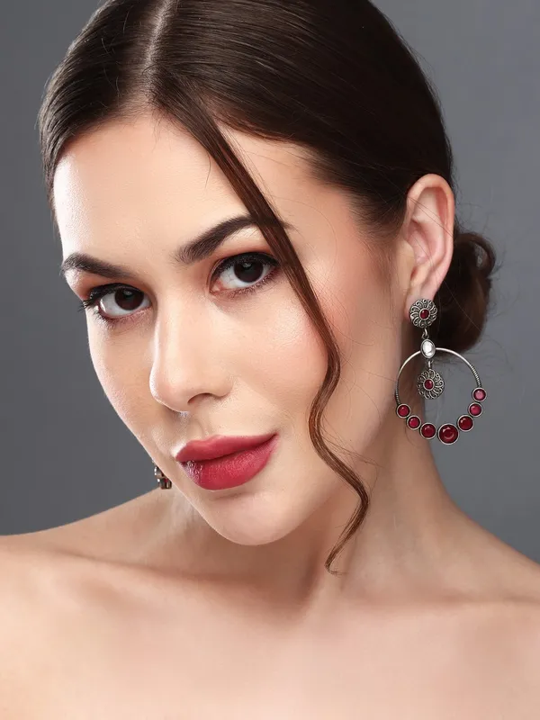 Oxidised_Silver_Red_Stone_Hoop_Earrings