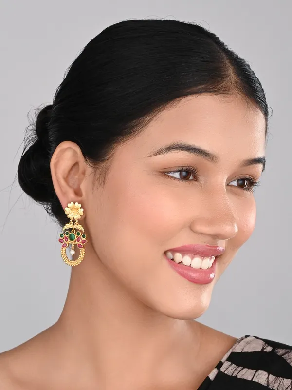 Gold-Plated_Drop_Earrings_with_Green_&_Red_AD_Stones