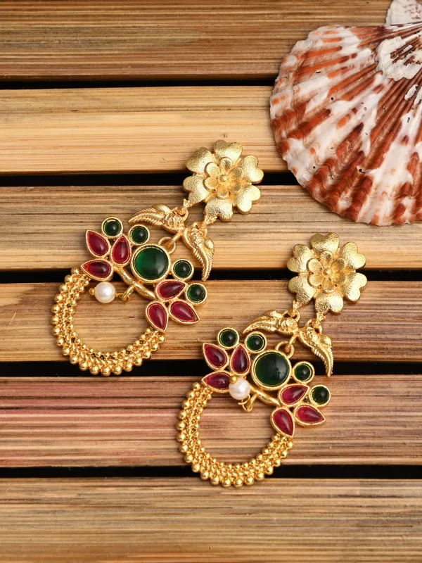 Gold-Plated_Drop_Earrings_with_Green_&_Red_AD_Stones