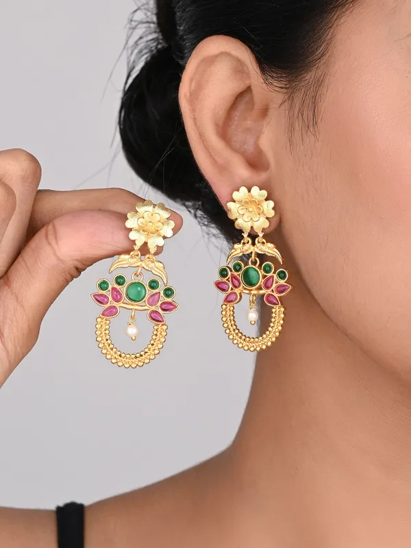 Gold-Plated_Drop_Earrings_with_Green_&_Red_AD_Stones