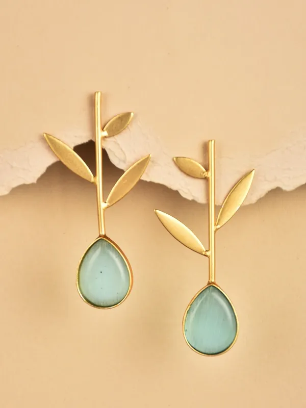 Gold_Finish_Aqua_Leaf_Drop_Earrings