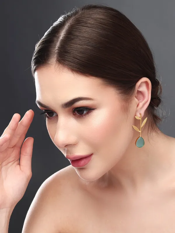 Gold_Finish_Aqua_Leaf_Drop_Earrings
