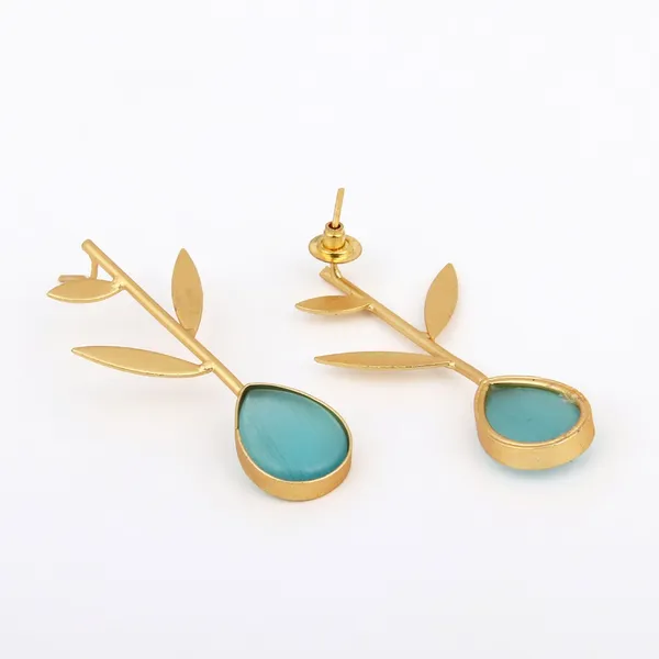 Gold_Finish_Aqua_Leaf_Drop_Earrings