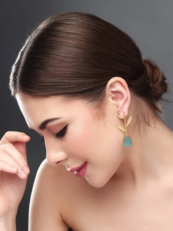 Gold_Finish_Aqua_Leaf_Drop_Earrings