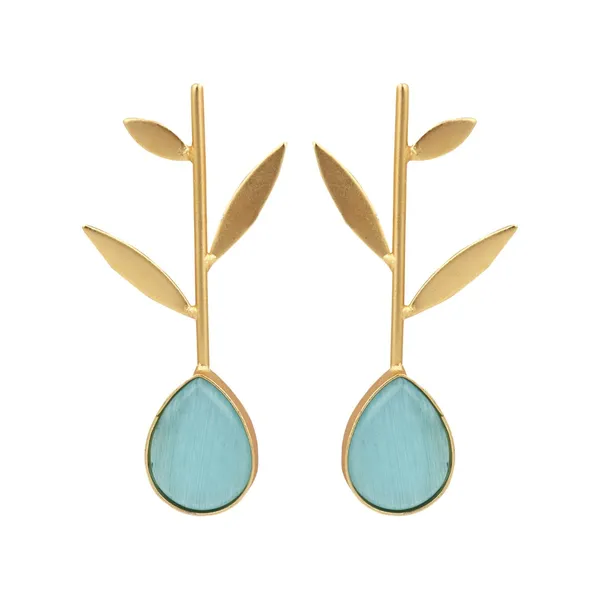 Gold_Finish_Aqua_Leaf_Drop_Earrings