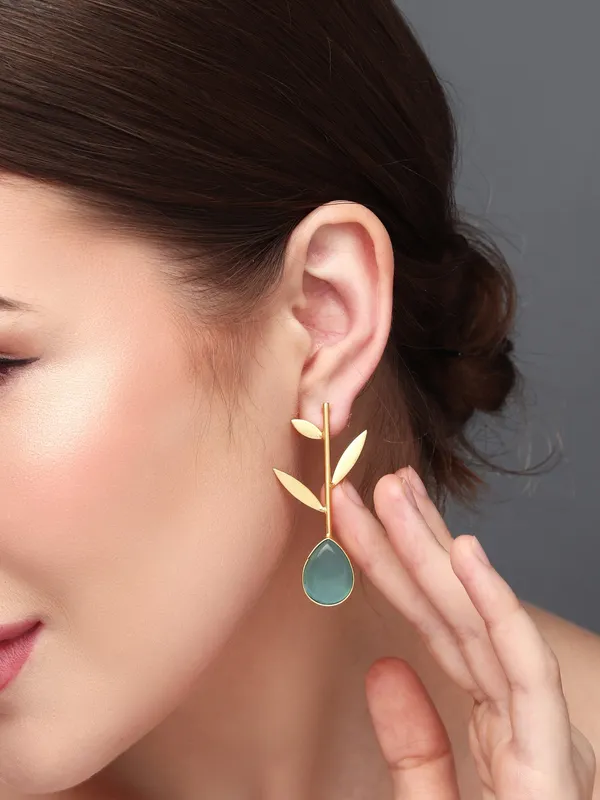 Gold_Finish_Aqua_Leaf_Drop_Earrings